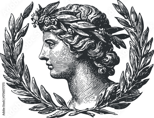 A detailed illustration of a classical figure framed by a laurel wreath symbolizing victory.