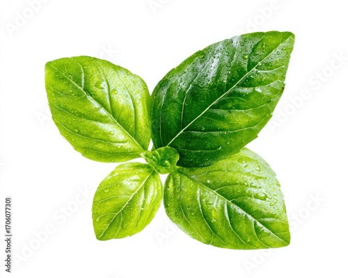 Fresh, vibrant green basil leaves with water droplets, arranged in a clustered pattern against a plain white background