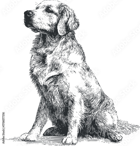 A detailed illustration of a golden retriever dog sitting gracefully in a classic pose.