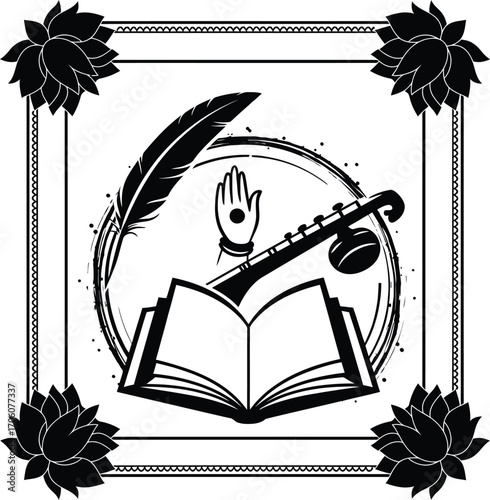 Saraswati Puja symbolic vector illustration with book lotus veena and feather .