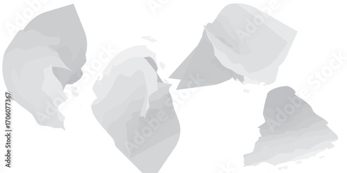 A scattered collection of torn crumpled and folded white paper fragments with soft grey shadows.