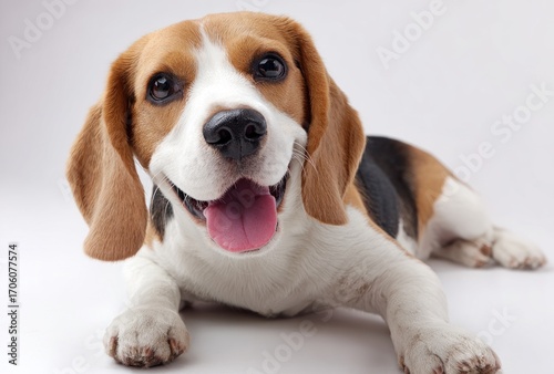 A cute beagle with tan, white, and black fur lies on a white surface, its tongue out and looking into the camera with bright eyes