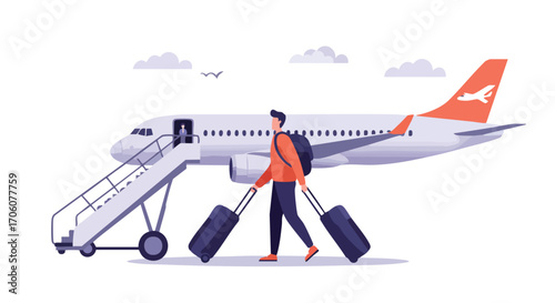 Traveler with luggage walking on an airport tarmac towards an airplane with boarding stairs.