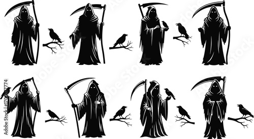 Black and white vector illustration of Grim Reaper with scythe and crow, gothic death symbol, dark fantasy, horror, and spooky artwork