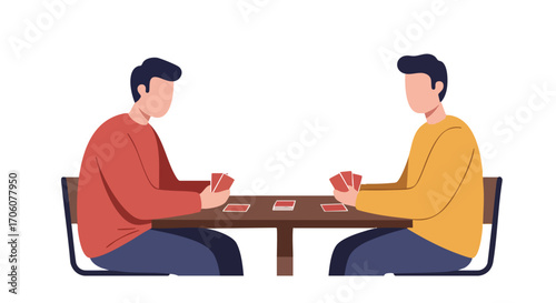 Two faceless male characters sitting at a table and playing a card game together a flat vector illustration.
