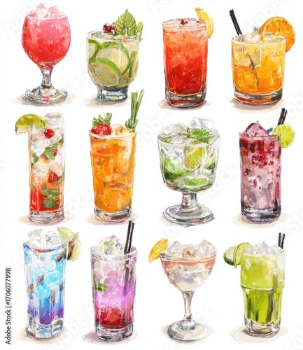 Array of watercolor cocktail illustrations
