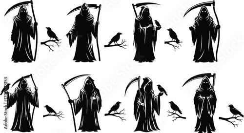 Black and white vector illustration of Grim Reaper with scythe and crow, gothic death symbol, dark fantasy, horror, and spooky artwork