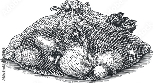 A netted bag filled with assorted fresh vegetables and produce, showcasing healthy food options.