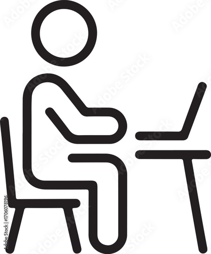 Simple icon of a person working on a laptop at a desk