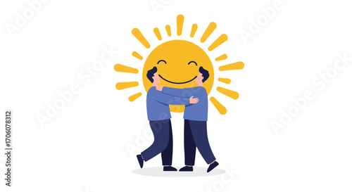 Two men hugging in a friendly embrace with a large smiling sun symbolizing happiness and positivity.