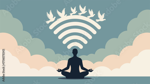 Digital Detox Concept — Wi-Fi Signal Transforming into Birds, Person Meditating Offline, Flat Vector for Mental Wellness