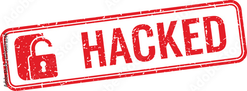 Hacked Word with Open Lock Icon, Distressed Red Rubber Stamp Effect on White