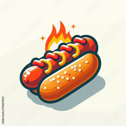 Hot Dog on Fire Delicious Fast Food Cartoon Illustration