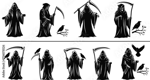 Black and white vector illustration of Grim Reaper with scythe and crow, gothic death symbol, dark fantasy, horror, and spooky artwork