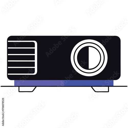 Vector art of a modern digital projector with a sleek black casing and blue base, isolated on a, representing technology and entertainment
