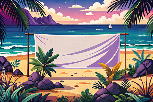 Flat white canvas banner in tropical beach shore, ocean horizon, sandy landscape, wilderness mockup, natural rustic background, solitude outdoor placement, creative design surface, dramatic scenic