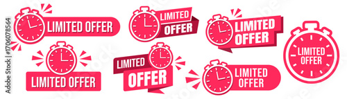 Limited offer label set. Last minute, alarm clock, promotion, discount, label, badge, sticker, stamp, icon, sign, symbol, logo, line, flat vector, isolated illustration on white background.	