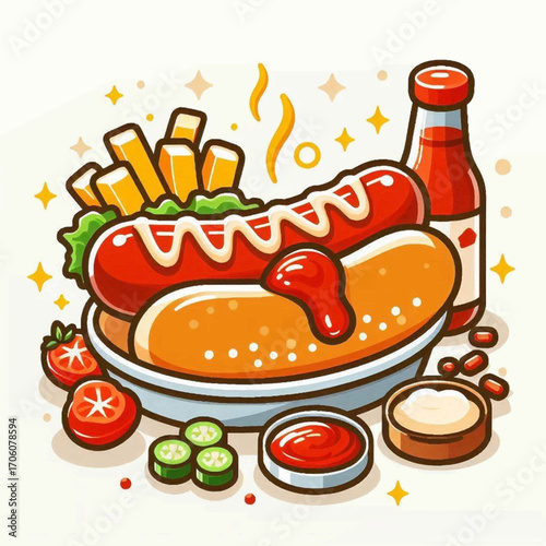 Delicious Hot Dog with Fries and Ketchup Cartoon Illustration
