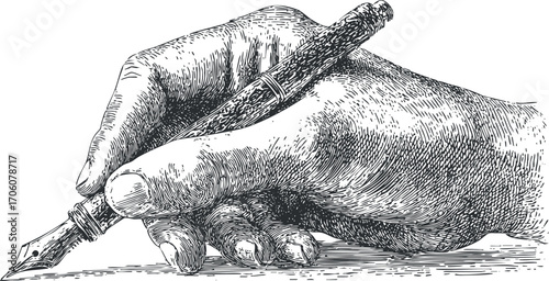 An artistic illustration of a hand holding a fountain pen, emphasizing the art of writing.