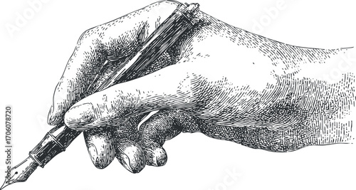 An intricately drawn hand holding a fountain pen, showcasing the art of writing.