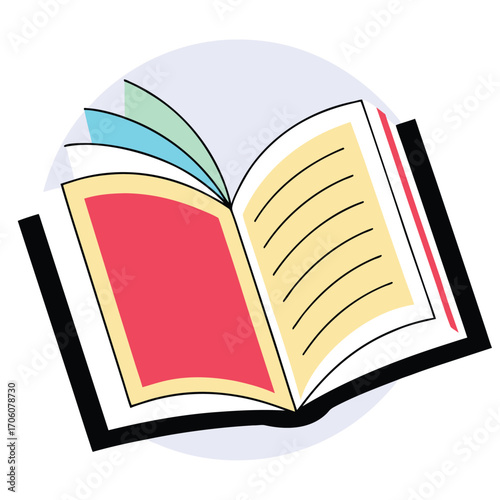 Vector art of an open book with colorful pages and a red cover, symbolizing knowledge and education