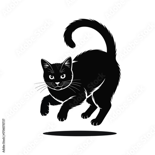 Playful Feline Silhouette Illustration of a Cat Leaping with Arched Back Design
