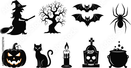 Black and white vector illustration of Halloween silhouettes including witch, spooky tree, bats, spider, pumpkin, cat, candle, tombstone, and cauldron