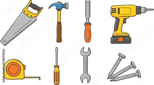 Hand Saw, Hammer, Chisel, Drill, Tape Measure, Screwdriver, Wrench, Nails on White