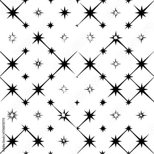 Black and white seamless pattern featuring an array of stars and connecting lines forming diamond shapes all over the image
