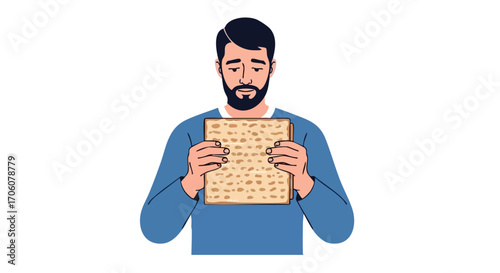 Vector illustration of a bearded man holding a large piece of matzah for the Jewish holiday of Passover.