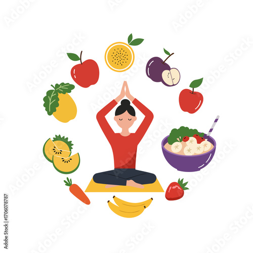 Healthy lifestyle woman meditating with fruits and food
