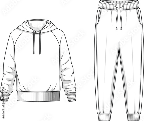 Hoodie and sweatpants mockup set, casual unisex loungewear design, front view clothing templates, cozy streetwear outfit, elastic cuffs and waistband, comfortable athletic apparel