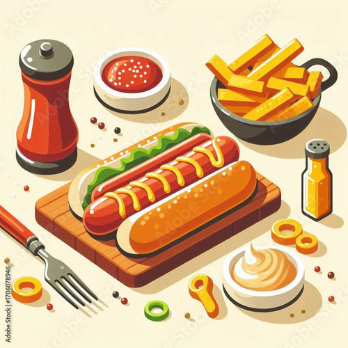 Delicious Hot Dog with French Fries and Condiments Isometric Food Illustration