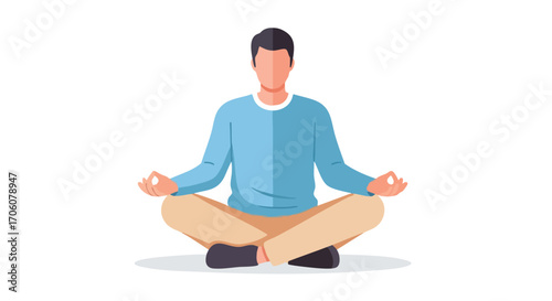 Vector illustration of a calm man sitting in a lotus pose practicing yoga and meditation.