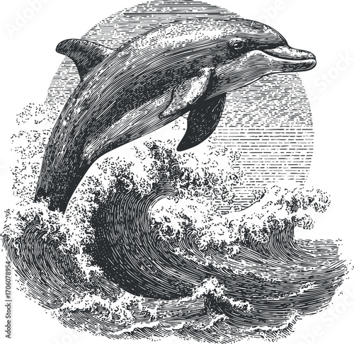 A vintage illustration of a dolphin gracefully leaping over ocean waves in black and white.