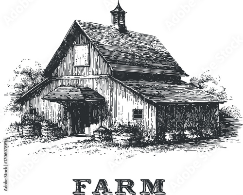 Illustration of a vintage barn on a farm surrounded by greenery and rustic scenery.
