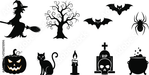 Black and white vector illustration of Halloween silhouettes including witch, spooky tree, bats, spider, pumpkin, cat, candle, tombstone, and cauldron