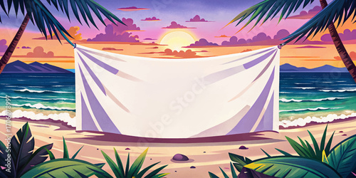 Flat white canvas banner in tropical beach shore, ocean horizon, sandy landscape, wilderness mockup, natural rustic background, solitude outdoor placement, creative design surface, dramatic scenic