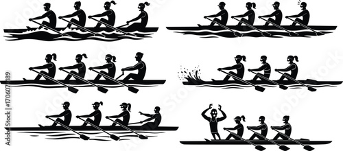 Rowing team black silhouette, teamwork, competitive rowing, boat racing, group exercise, rowing practice, water sports, athletic training, rowing competition, team effort