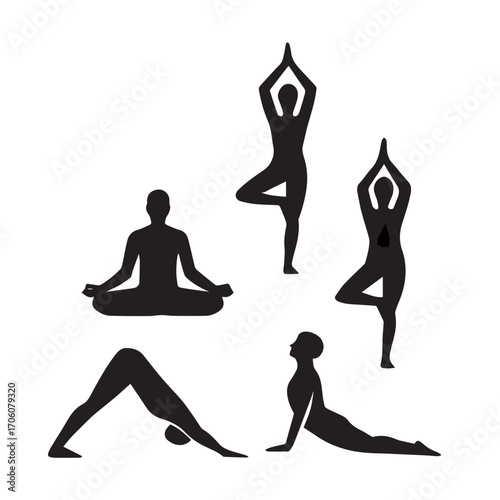 Diverse silhouettes of people performing various yoga poses representing health wellness and inner peace for meditation and exercise vector
