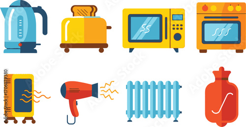 Home Appliances Icons, Flat Set Featuring Kettle, Toaster, Microwave, Oven