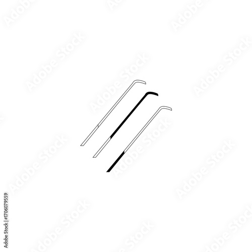 Technical line drawing of three different types of slender, curved medical or surgical instruments.