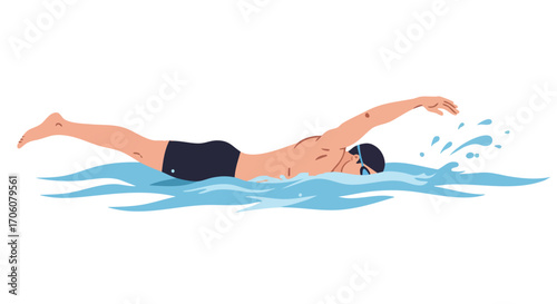 Vector illustration of a male athlete swimming the front crawl stroke in the water isolated on a white background.