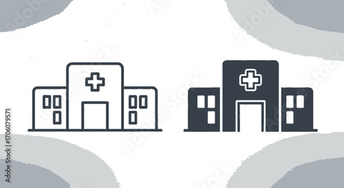 Hospital Line and Silhouette Icon Set with Medical Cross and Brush Stroke Element