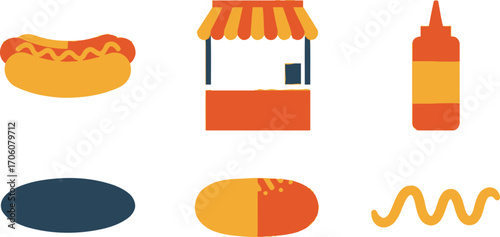 Hotdog Stand Elements Hotdog, Ketchup, Mustard, Stand, Bun on White Background