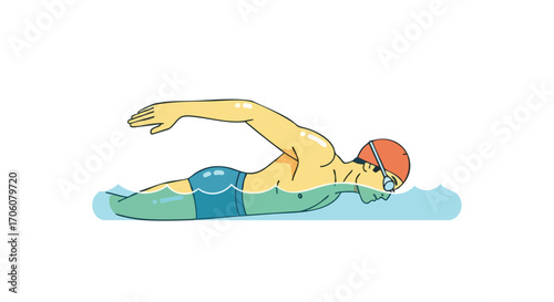 Vector illustration of a male swimmer in a red cap and goggles performing the front crawl stroke.