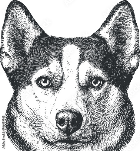 Detailed black and white illustration of a dog's face showcasing its expressive eyes and ears.