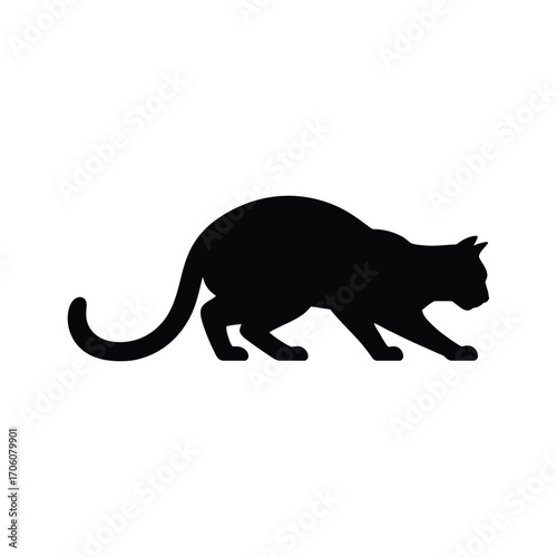 Stealthy Black Cat Silhouette Illustration Crouching Low to the Ground Ready to Pounce