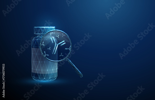 3d bue medicine bottle with magnifying glass and antibodies inside. Pharmaceutical research, drug development, healthcare innovation concept.