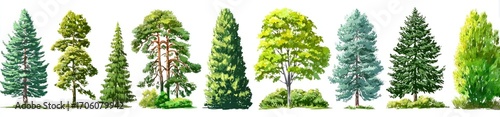 Watercolor-style trees set against a white background, showcasing diverse shapes and shades of green, representing different species and growth stages